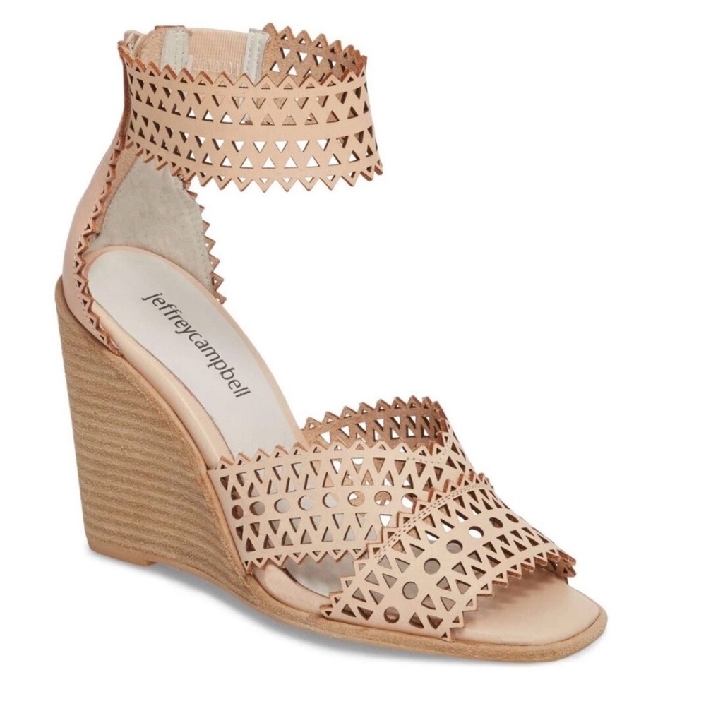 Jeffrey Campbell Women's Tan Laser-Cut Ankle Strap Wedge Sandals